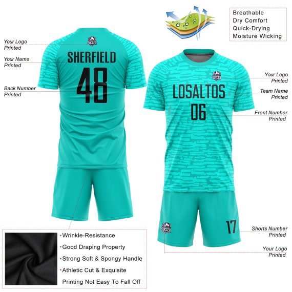 Custom Teal Black Sublimation Soccer Uniform Jersey