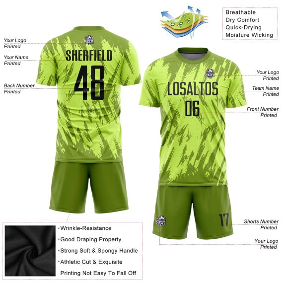 Custom Neon Green Black-Olive Sublimation Soccer Uniform Jersey